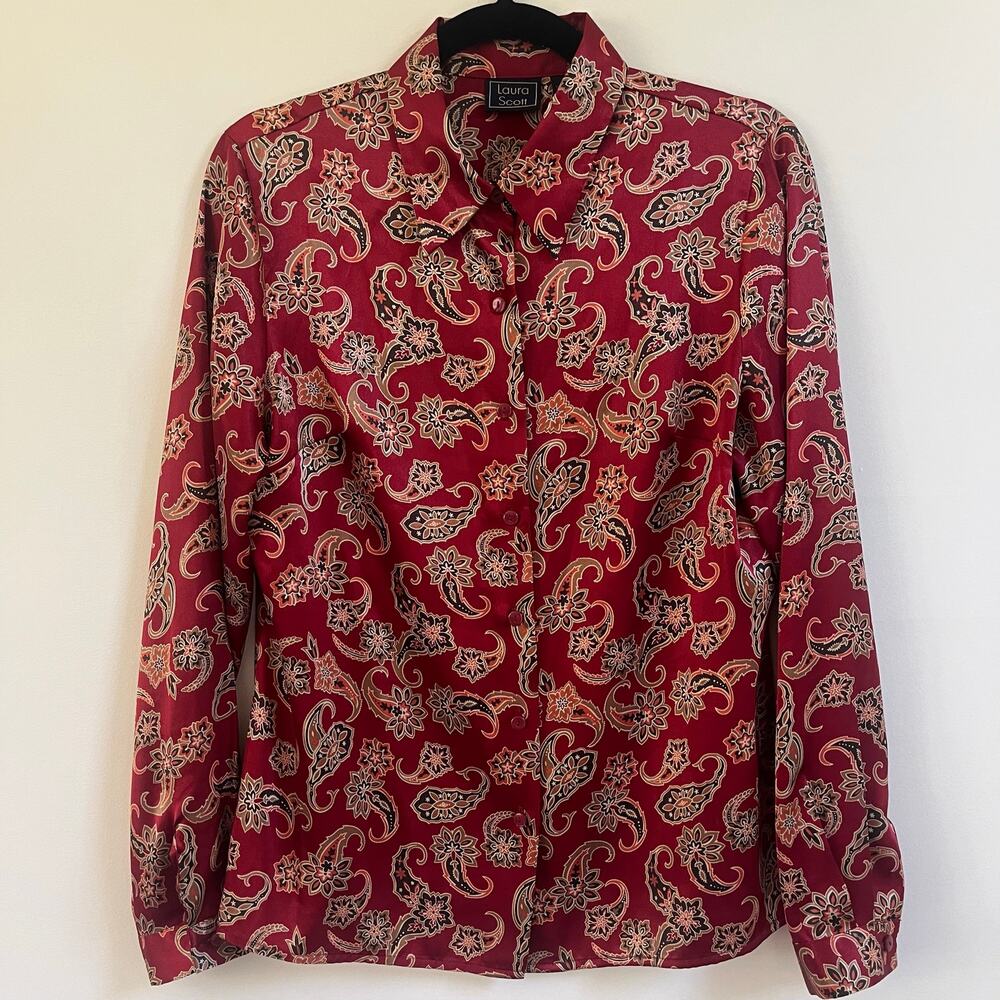 Laura Scott Vintage Blouse Women Burgundy Red Button Up Shirt Long Sleeve Sz 12